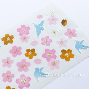 Adesivo Washi - pássaro azul e flores de cerejeira -