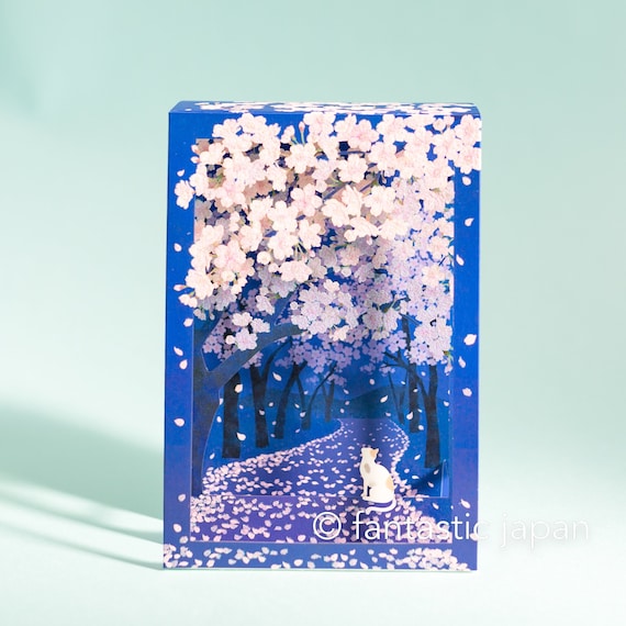 Greeting card -Cat looking up at night cherry blossoms-