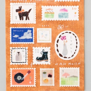 May include: A sheet of colorful illustrated stamps with various designs, including a dog, a boot, a vase with a flower, a record player, and a mushroom. The stamps are labeled with numbers and have a "Air Mail" label.