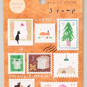 May include: A sheet of decorative masking tape featuring illustrations of a cat, a house, a tree, laundry, a lamp, and a table. The tape is labeled "Masking Tape" and "Stamp".