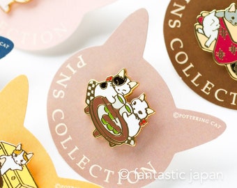 Pottering Cat hard enamel pin -Japanese tea time-