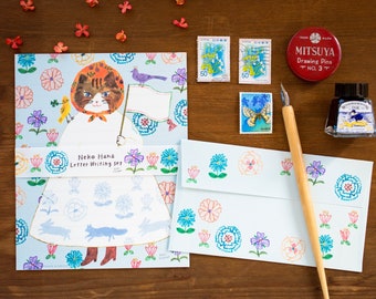 Japanese Writing Letter Set -Cat with flowers- by Aiko Fukawa/ Mino Washi / cozyca products/ Japanese washi paper letter set /made in Japan
