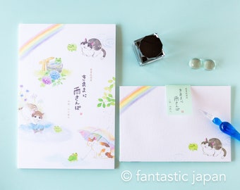 Japanese Washi Writing Letter Pad and Envelopes -cats in the raining-