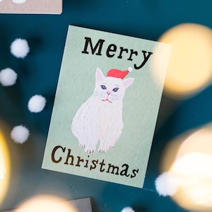 Mini cartão de Natal "Gato Papai Noel-Gato branco-" / Cartão de gato de férias / Cartão de felicitações pela vida / Papelaria japonesa