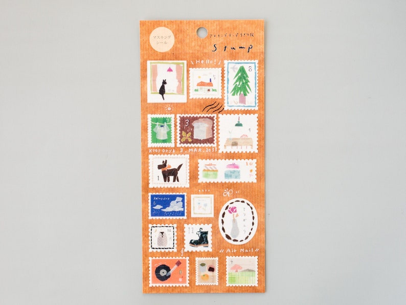 May include: A sheet of 16 illustrated stamps with various designs, including a cat, a house, a tree, a dog, a cloud, a boot, a record player, and a flower. The stamps are printed on a brown background with the text "Stamp" in black.