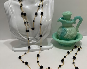 Clearance-Extra Long 70” Golden Shimmering Black Crystal Beaded Chain Necklace #283
