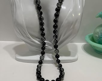 Clearance-Black Crackeled Glass Necklace #339