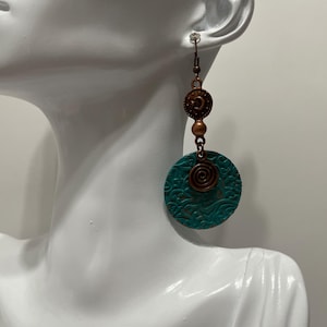 Close Out-Beautifully Ornate Copper Patina Turquoise Dangle Statement Earrings #790-293