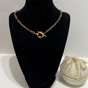 Clearance-16” Dainty 18k Gold Plated Stainless Steel Mini Paper Clip Chain Choker w/Gold Plated Ornate Toggle Closure #225