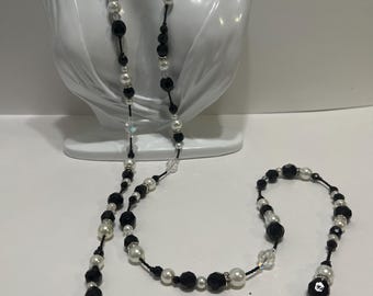 ONLY 2 LEFT-Close Out-50” Long Black and White Crystal Shimmer Beaded Necklace #345