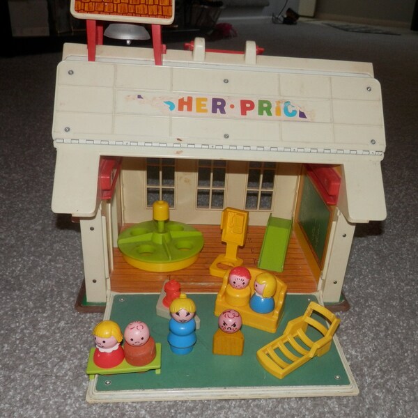 fisher price vintage school house with teacher students merry go round & extras incomplete though