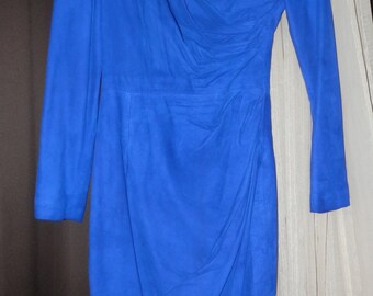 North Beach leer blauw suède vintage Michael Hoban-jurk uit de jaren 90 met lange mouwen, maat 5/6 vintage