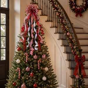 Candy Cane Christmas Tree Topper Bow, Red and White Tree Topper Bow ...