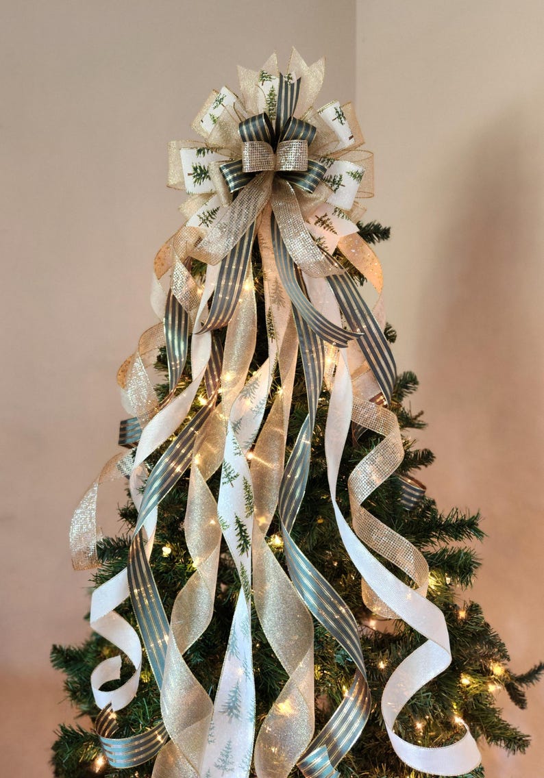Green & Gold Christmas Tree Topper Bow, Large Green and Gold Tree ...