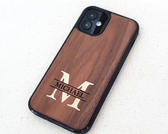 Real Wood Phone Cases for Apple iPhone Samsung Galaxy Wood Inlay and Laser Engraved with Perosnalized Initial and Name