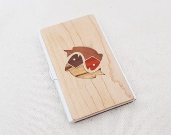 Business card holder, Business card case, wood wallet, Marquetry, Inlaid business card holder - TWO FISHES