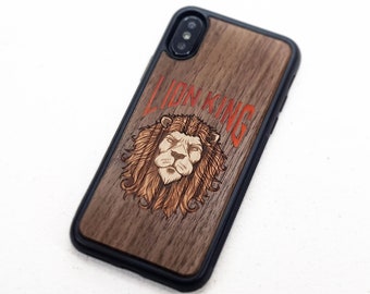 Personalized Wood Inlay Lion Phone Case: Engraved Real Wood Cover