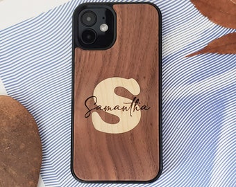 Real Wood Phone Cases for Apple iPhone Samsung Galaxy Wood Inlay and Laser Engraved with Perosnalized Initial and Name