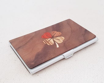 Business card holder, Business card case, wood wallet, Marquetry, Inlaid business card holder - CLOVER LEAF