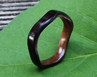 Handcrafted Bentwood Ring, Wave-Cut Design, Walnut & Ebony Wood, Unique Wooden Ring