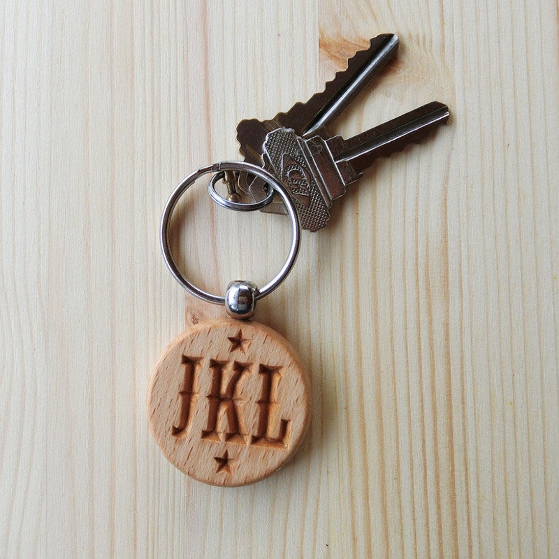 Custom Chip Carved Wood Key Ring Your Initial & star Round Etsy