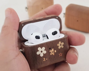 Apple AirPods Wood Case Made Out Of Walnut, Maple or Cherry Wood, AirPods 3 & Pro Case -  FLOWER image Marquetry