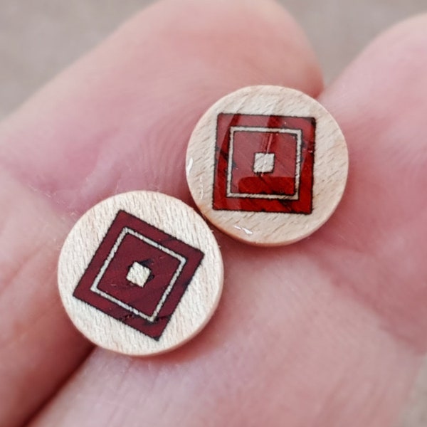 Double Square : mozzin Wood inlaid wooden earrings, Wood stud earrings, Hypoallergenic earrings,  Exquisite handiwork of wooden inlay