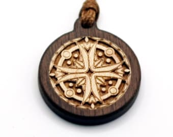 Handmade Wooden Pendant Necklace – Walnut & Maple, Symbolic Cross Mandala, Natural Wood Jewelry, Free Engraving Limited Time