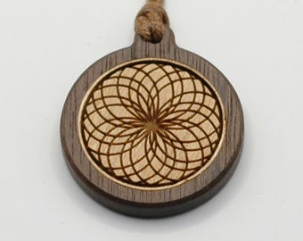 Handmade Wooden Pendant Necklace – Sacred Geometry Mandala, Walnut & Maple, Spiritual Jewelry, Minimalist Wood Necklace, Free Engraving