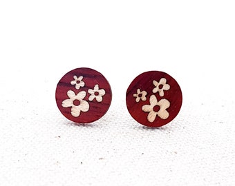 Blossom : mozzin Wood inlaid wooden earrings, Wood stud earrings, Hypoallergenic earrings,  Exquisite handiwork of wooden inlay