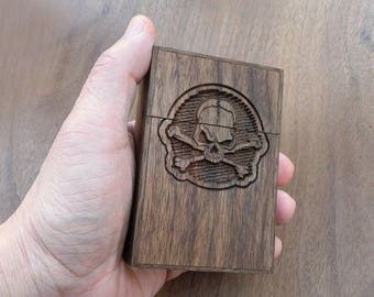 Handmade Wood Cigarette Pack Holder Case - w/t Carved Skull