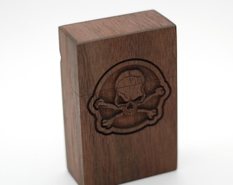 Handmade Wood Cigarette Pack Holder Case - w/t Carved Skull