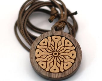 Handmade Wooden Pendant Necklace, Mandala Wood Necklace, Walnut Maple Pendant, Nature Inspired Jewelry, Boho Necklace, Personalized Gift