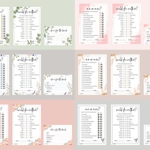 Puede incluir: Un conjunto de juegos de despedida de soltera imprimibles con un tema floral. Los juegos incluyen "&Eacute;l dijo, ella dijo" y "&iquest;Preferir&iacute;a...?" con una tarjeta separada para consejos para la novia.