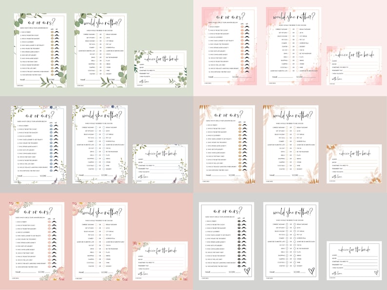 Puede incluir: Un conjunto de juegos de despedida de soltera imprimibles con un tema floral. Los juegos incluyen "&Eacute;l dijo, ella dijo" y "&iquest;Preferir&iacute;a...?" con una tarjeta separada para consejos para la novia.