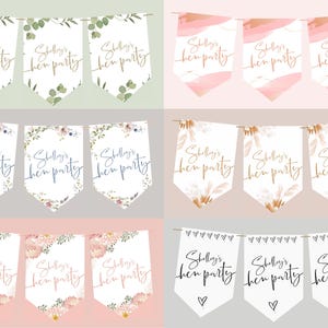 May include: A set of 12 printable bridal shower banner flags with different floral designs. The flags feature the text "Shelly's hen party" in a handwritten font.
