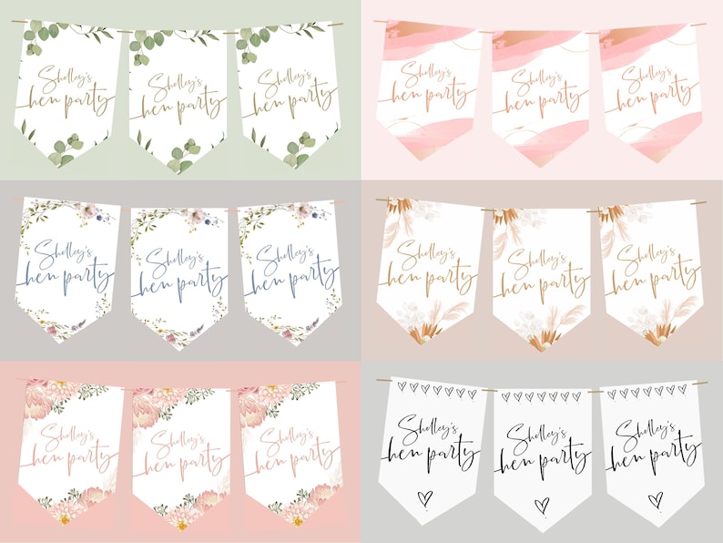 May include: A set of 12 printable bridal shower banner flags with different floral designs. The flags feature the text "Shelly's hen party" in a handwritten font.