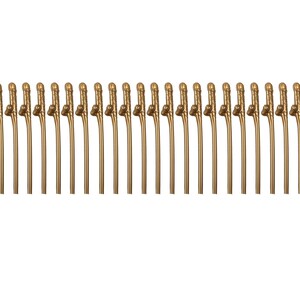 May include: A collection of twenty-four identical gold-colored plastic sword-shaped cocktail picks arranged in a single horizontal row. Each pick features a detailed hilt with a crossguard and a long, thin, straight blade extending downward.