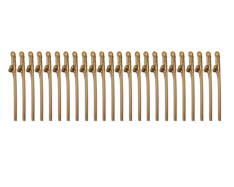 May include: A collection of twenty-four identical gold-colored plastic sword-shaped cocktail picks arranged in a single horizontal row. Each pick features a detailed hilt with a crossguard and a long, thin, straight blade extending downward.