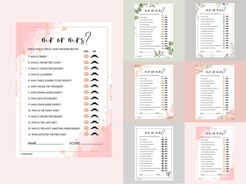 Juegos para despedidas de soltera, juegos elegantes para despedidas de soltera, tarjetas con consejos para la novia, juegos para despedidas de soltera, botánicos, boho, oro rosa, minimalistas, florales Mr & Mrs Game