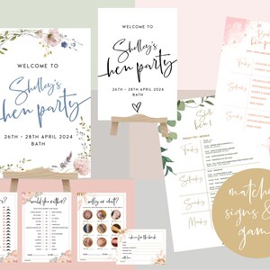 May include: A set of printable hen party games and signs with a floral theme. The signs say "Welcome to Shelley's Hen Party" and the games include "At or A's?", "Would She Rather?", and "Melly or What?"