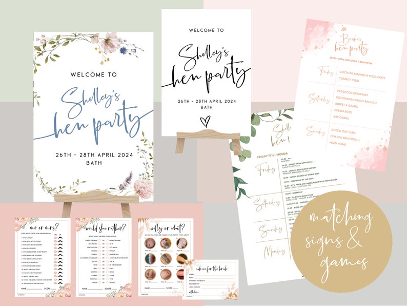 May include: A set of printable hen party games and signs with a floral theme. The signs say "Welcome to Shelley's Hen Party" and the games include "At or A's?", "Would She Rather?", and "Melly or What?"