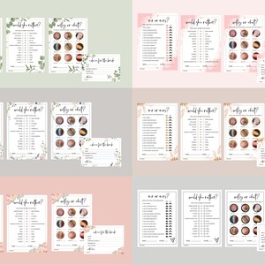 May include: A set of printable bridal shower games with floral and watercolor designs. The games include "This or That", "Would She Rather", and "Wholly or What?" with a separate card for "Advice for the Bride".