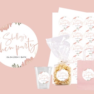 May include: A set of printable hen party stickers with a floral design and the text "Shelley's hen party 26.04.2024 | BATH".