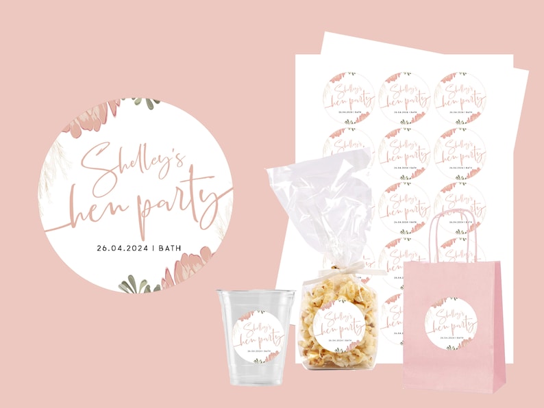 May include: A set of printable hen party stickers with a floral design and the text "Shelley's hen party 26.04.2024 | BATH".