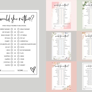 Juegos para despedidas de soltera, juegos elegantes para despedidas de soltera, tarjetas con consejos para la novia, juegos para despedidas de soltera, botánicos, boho, oro rosa, minimalistas, florales WouldShe Rather Game