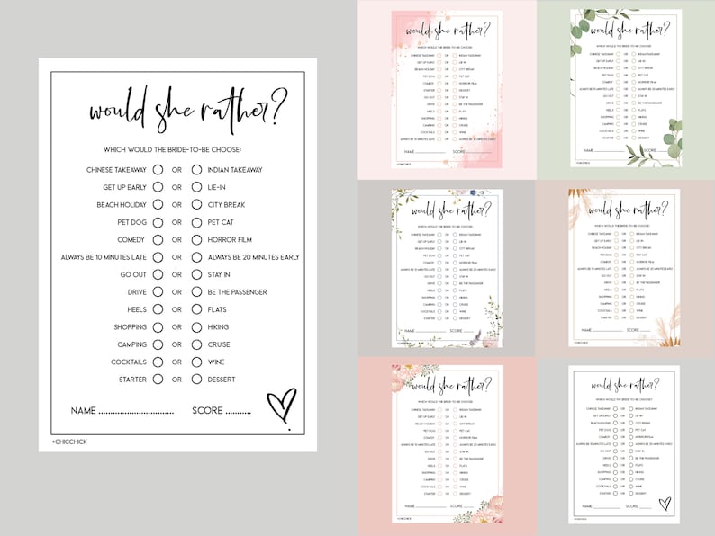 Juegos para despedidas de soltera, juegos elegantes para despedidas de soltera, tarjetas con consejos para la novia, juegos para despedidas de soltera, botánicos, boho, oro rosa, minimalistas, florales WouldShe Rather Game