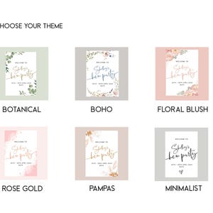 May include: Six different designs for a welcome sign for a hen party. The designs include botanical, boho, floral blush, rose gold, pampas, and minimalist.