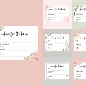 Puede incluir: Conjunto de seis tarjetas imprimibles con un dise&ntilde;o floral y el texto "consejos para la novia". Cada tarjeta tiene un espacio para que los invitados escriban consejos para la novia.