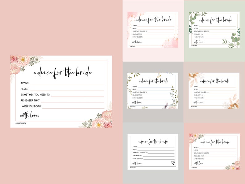 Puede incluir: Conjunto de seis tarjetas imprimibles con un dise&ntilde;o floral y el texto "consejos para la novia". Cada tarjeta tiene un espacio para que los invitados escriban consejos para la novia.
